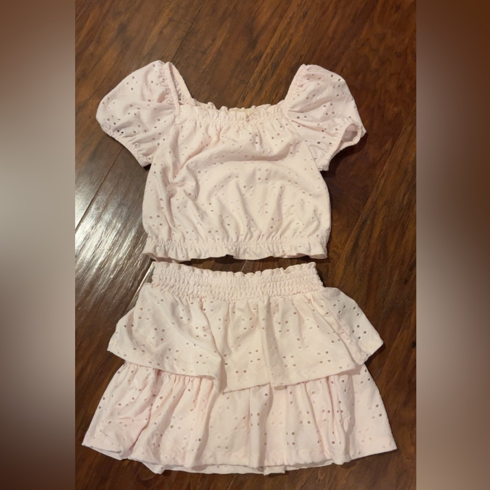 Pink Eyelet Crop Top and Skirt Set
